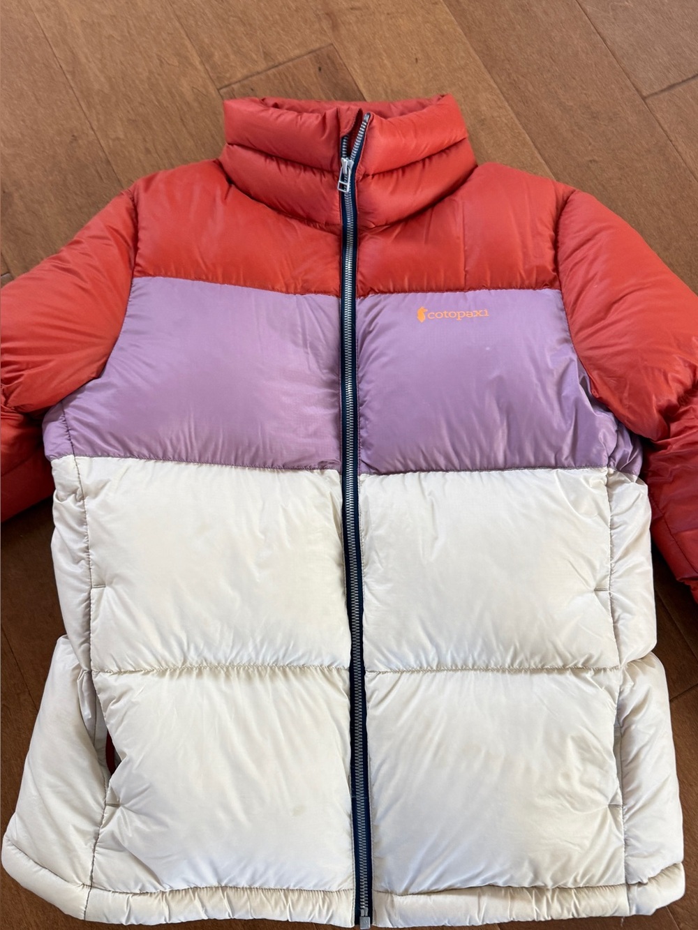 cotopaxi Colorblock Puffer Jacket — Red, Purple & Cream